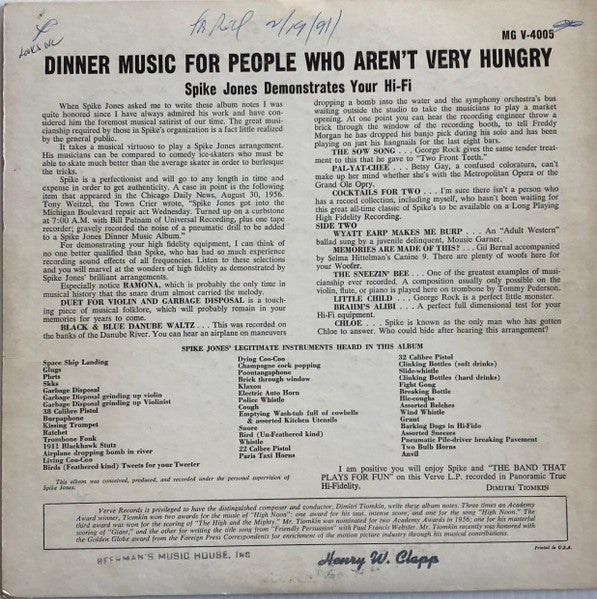 Spike Jones : Dinner Music (For People Who Aren't Very Hungry) (LP, Album, Mono, Ind)