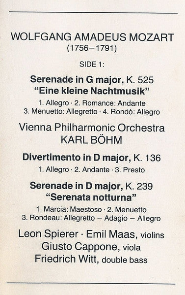 Mozart* : Eine Kleine Nachtmusik / Serenata Notturna / Divertimenti / Sinfonia Concertante (Cass, Comp, Dol)