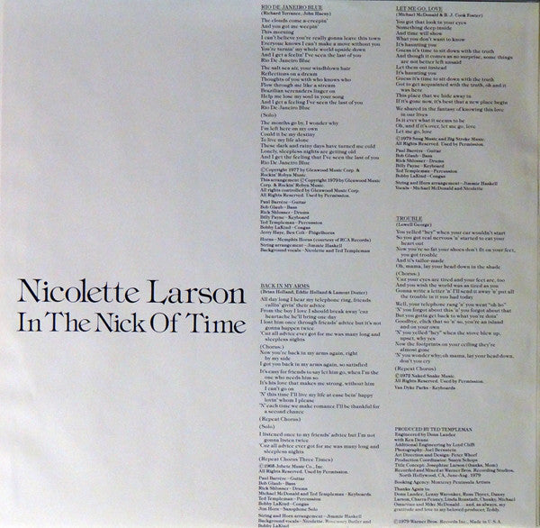 Nicolette Larson : In The Nick Of Time (LP, Album, Win)