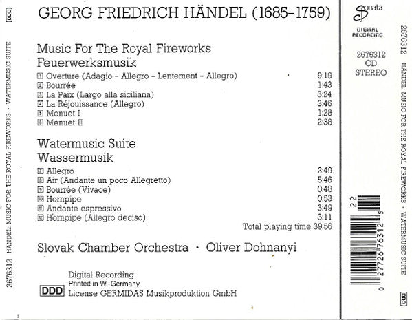 Georg Friedrich Händel, Slovak Chamber Orchestra, Oliver Dohnanyi : Music For The Royal Fireworks / Watermusic Suite (CD, Comp)
