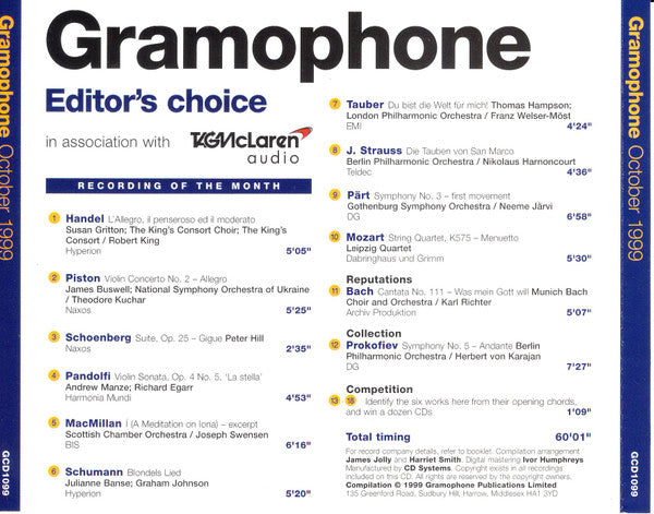 Various : Gramophone Editor's Choice - October 1999 (CD, Comp)