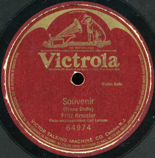 Fritz Kreisler : Souvenir (Shellac, 10", S/Sided)