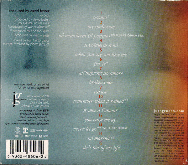 Josh Groban : Closer (CD, Album, Enh + DVD-V, NTSC + Ltd, Dig)