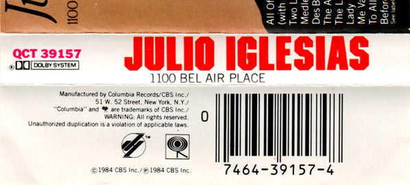 Julio Iglesias : 1100 Bel Air Place (Cass, Album, Dol)