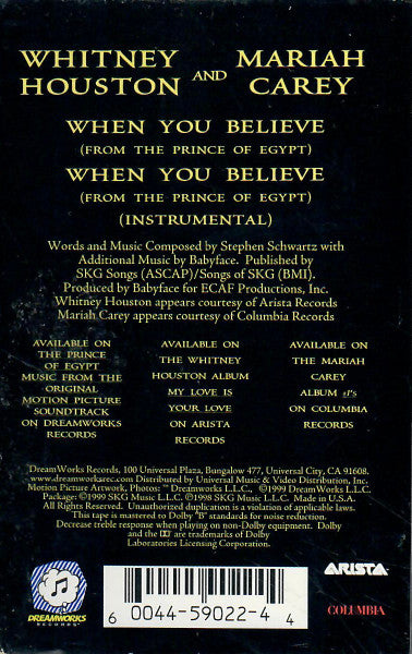 Whitney Houston And Mariah Carey : When You Believe (Cass, Single)