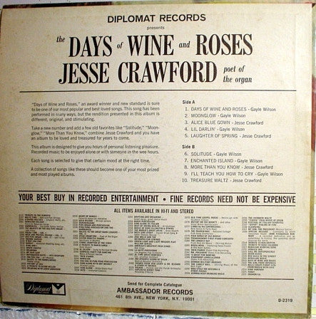 Jesse Crawford, Gayle Wilson : The Days Of Wine And Roses (LP)