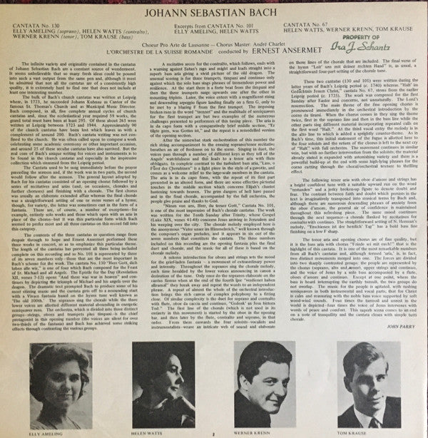 Ernest Ansermet Conducts Johann Sebastian Bach, Elly Ameling • Helen Watts • Werner Krenn • Tom Krause, L'Orchestre De La Suisse Romande, Chœur Pro Arte de Lausanne : Cantatas No. 130 / No. 67 / Excerpts From No. 101 (LP)